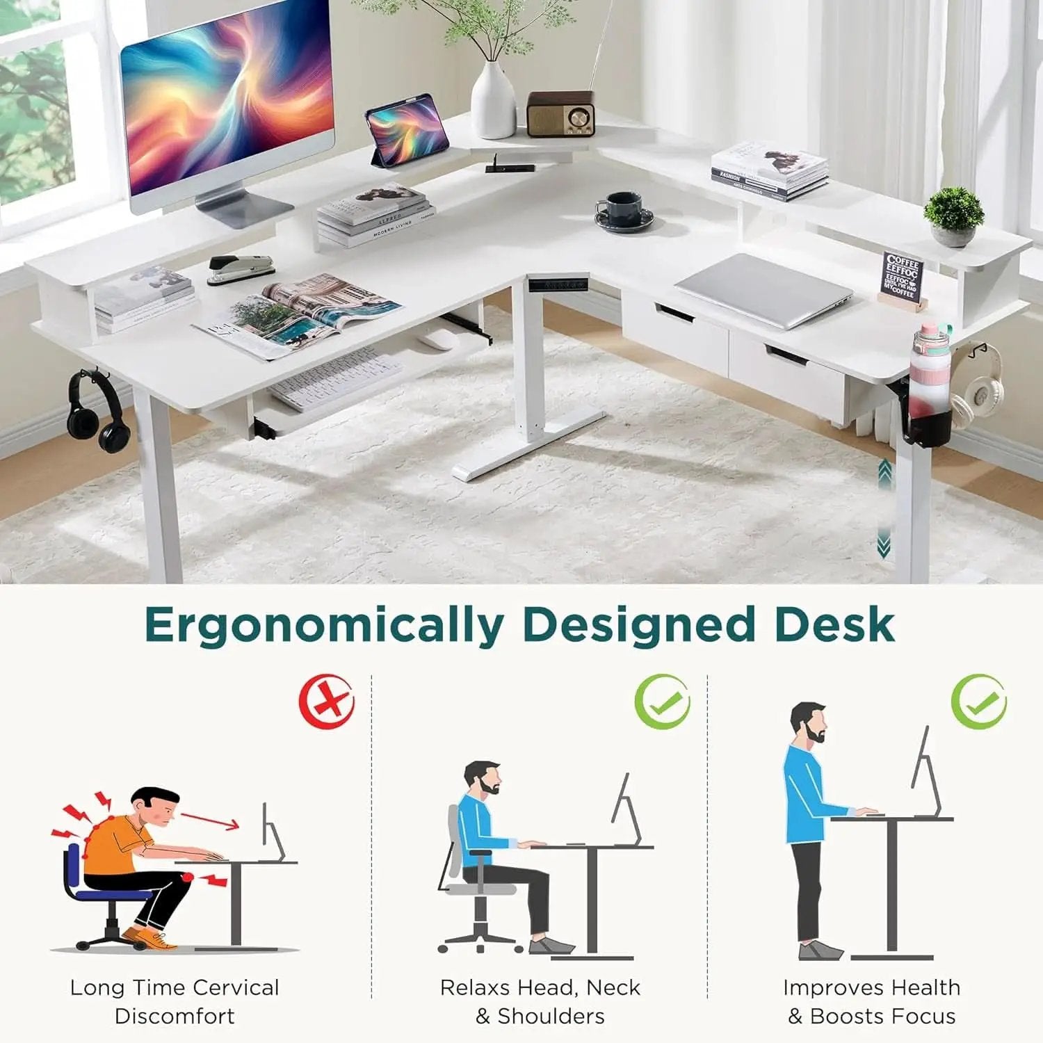 60 Inch L Shaped Electric Standing Desk Antique White from PriceLows™