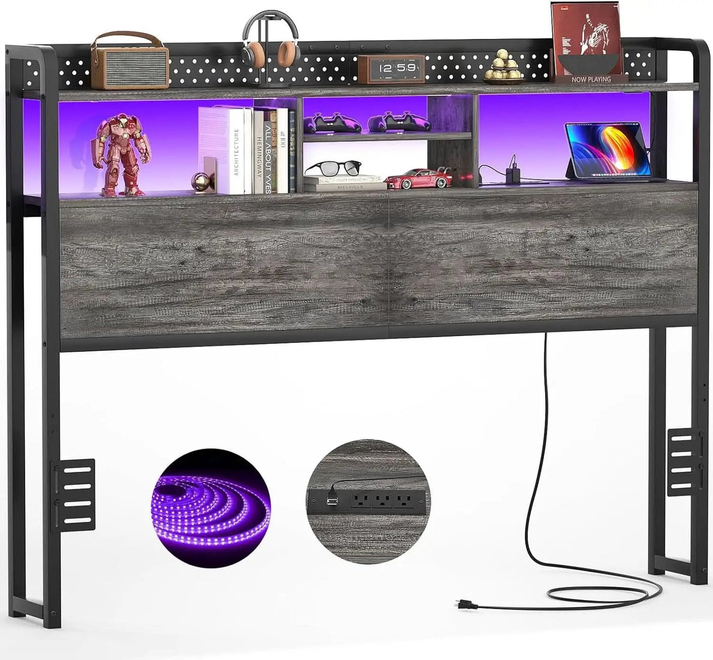 Queen Size Headboard With Storage Shelf And USB Ports from PriceLows™