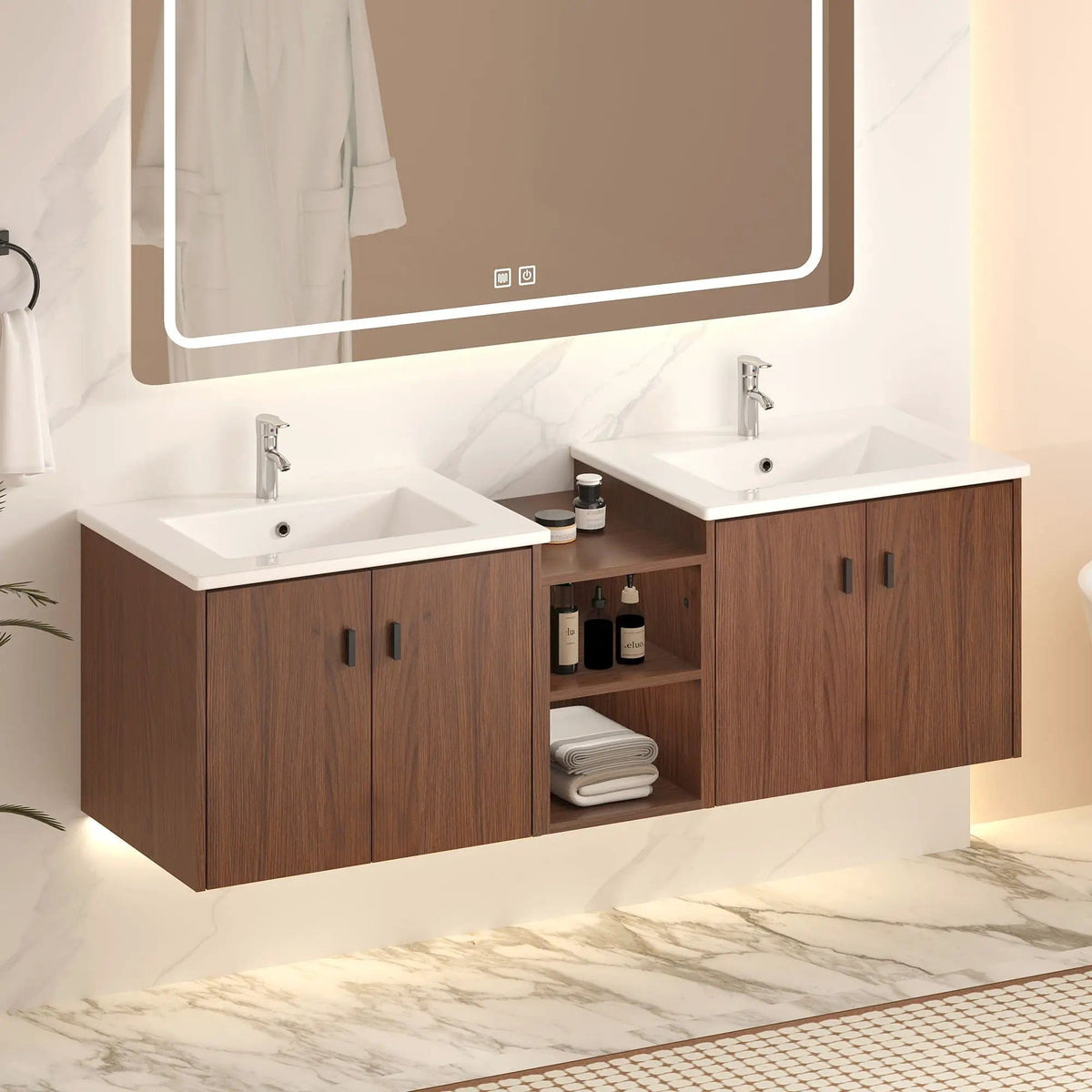 Soft Close Doors Bathroom Vanity With Small Storage Shelves, 24" And 12" Combination | 24 Inch | Mdf & Resin | Brown