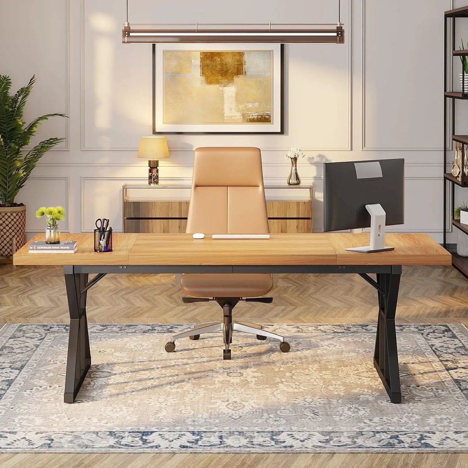 70.8 Inch Executive Desk Light Walnut Black Large Computer Office Desk from PriceLows™