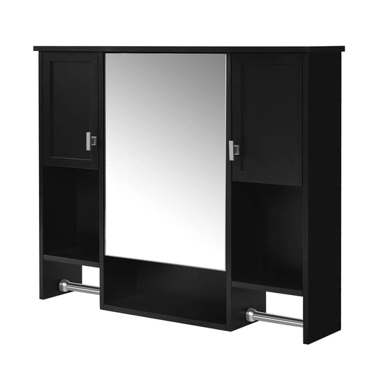 Wall Mounted Bathroom Cabinet With Mirror | Towel Bar | Closed Cabinets And Open Shelves | 35 Inch Width