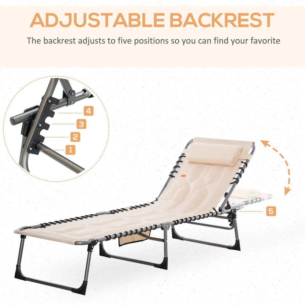 Outsunny Padded Folding Chaise Lounge Chair, Outdoor 6-Level Reclining Camping | 74 x 22.5 x 11.75 in | Steel & Cotton | Beige