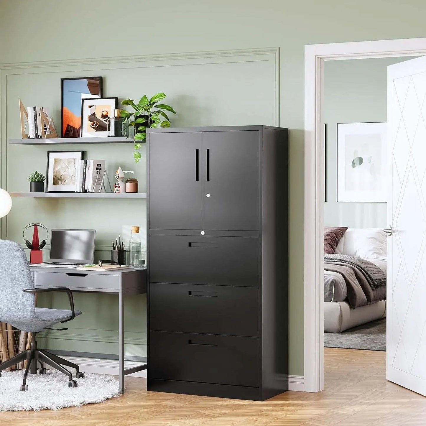 Three Drawer Metal File Cabinet Locking With Storage Shelves Black For Legal Letter A4 Documents from PriceLows™