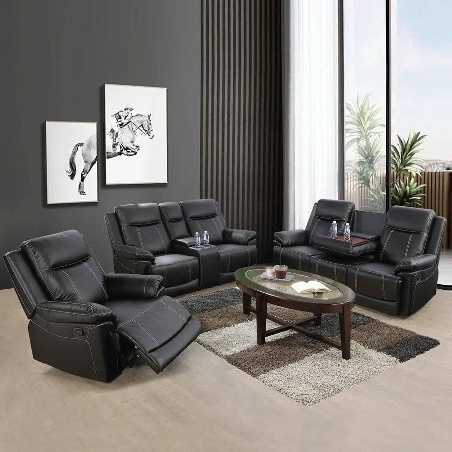 Manual Recliner Sofa Set Black Bonded Leather Cup Holders from PriceLows™