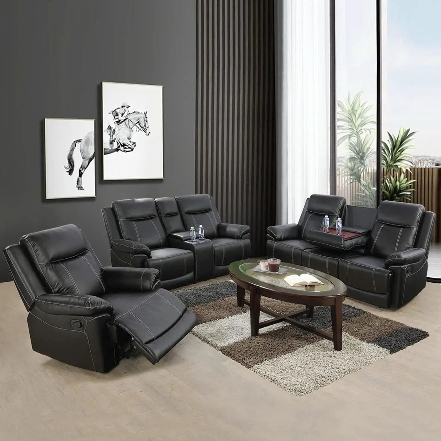 Manual Recliner Sofa Set Black Bonded Leather Cup Holders from PriceLows™