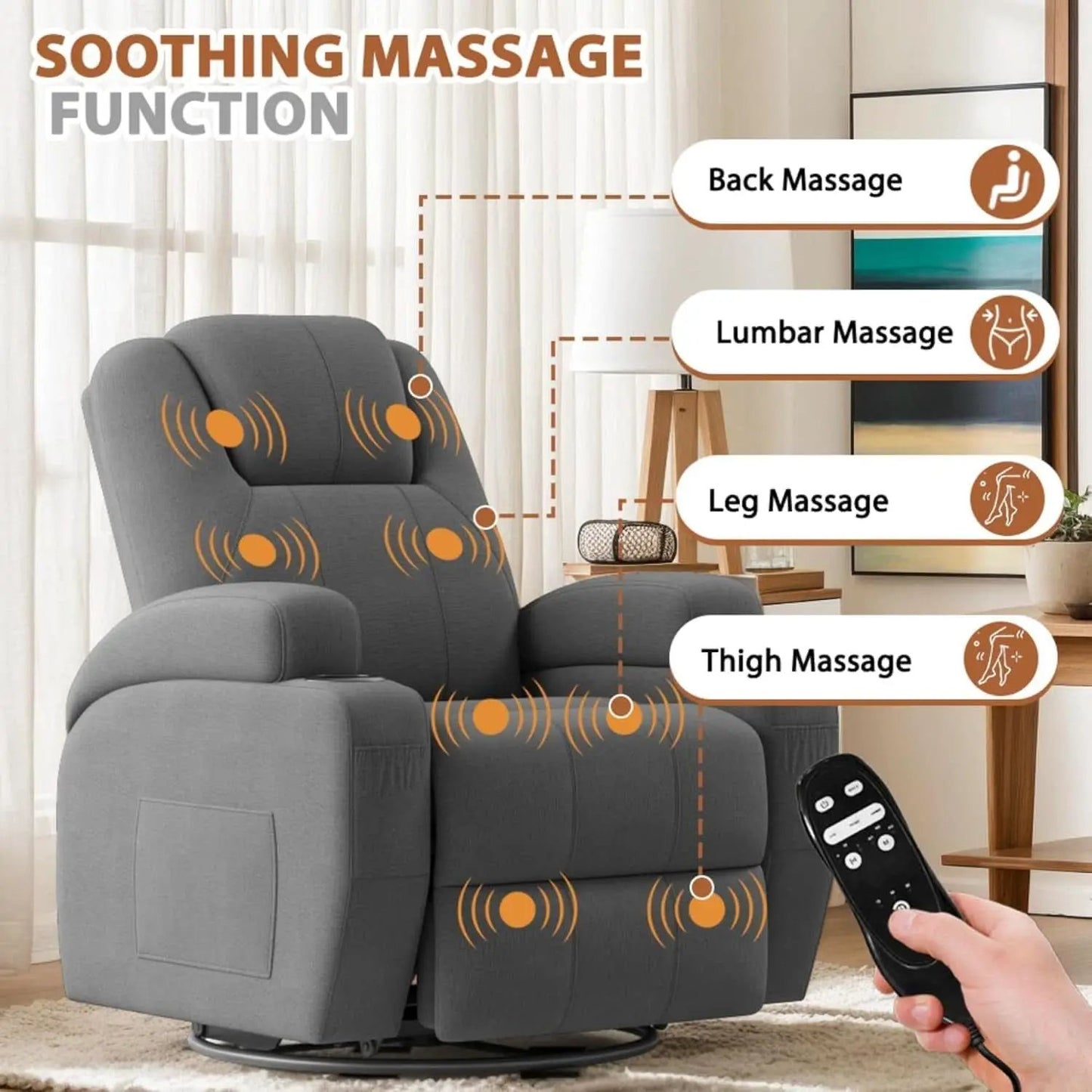 Gray Fabric Swivel Rocker Recliner With Vibration Massage from PriceLows™