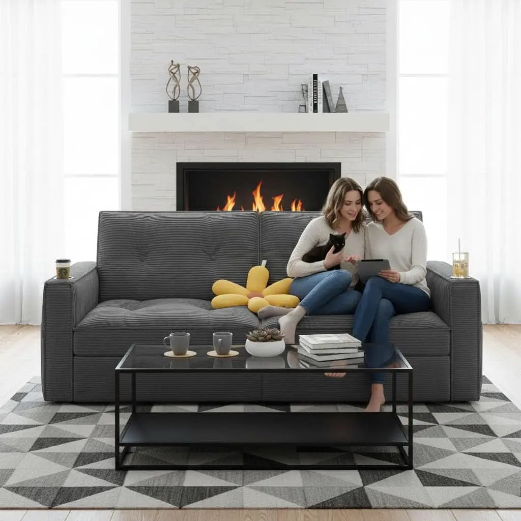 Gray Queen CorduroyTexture Transformable Sofa Bed USB from PriceLows™