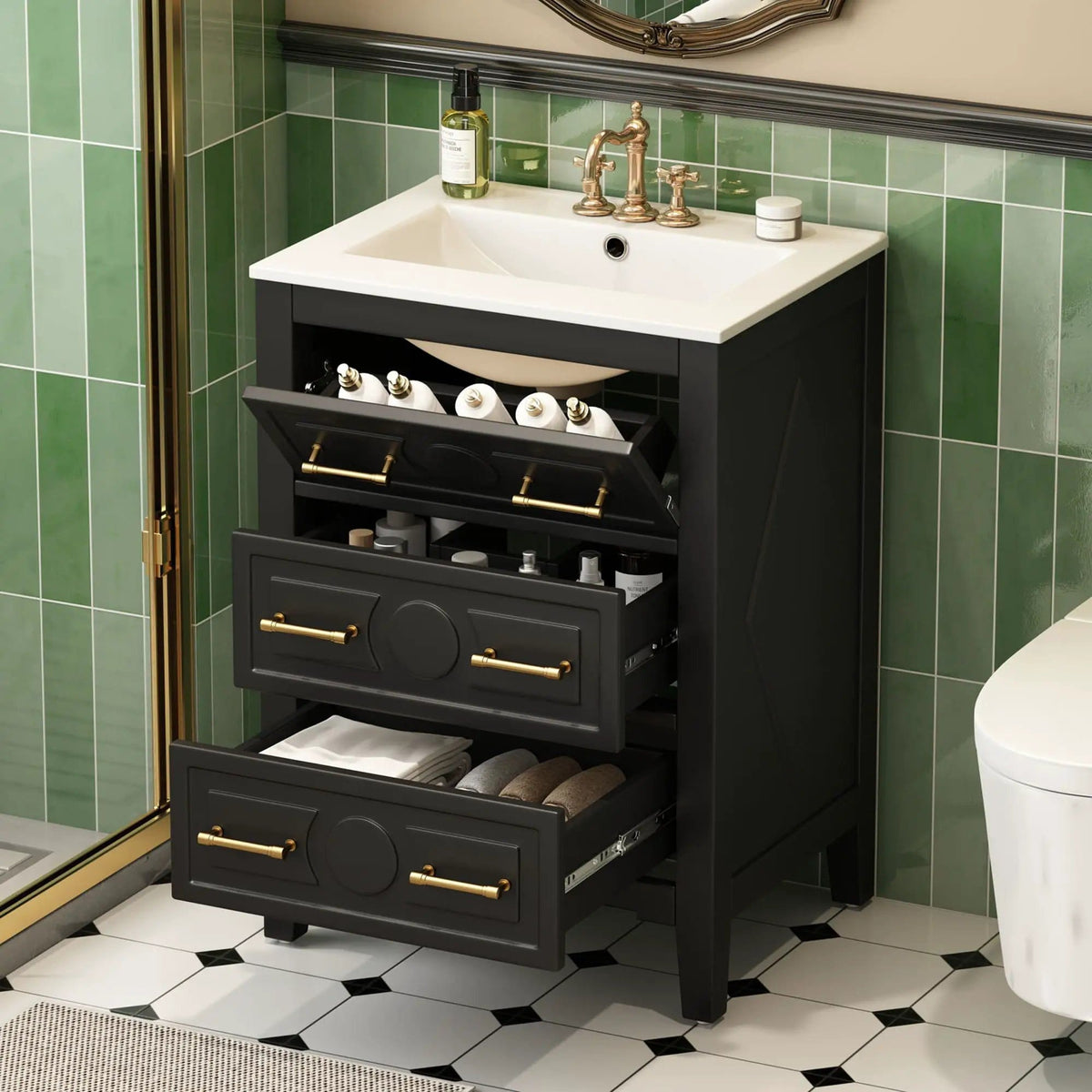Bathroom Vanity With Sink, Free Standing Single Set, 3 Drawer Storage Cabinet | 2 Pieces | Solid Wood & Ceramic | Bathroom