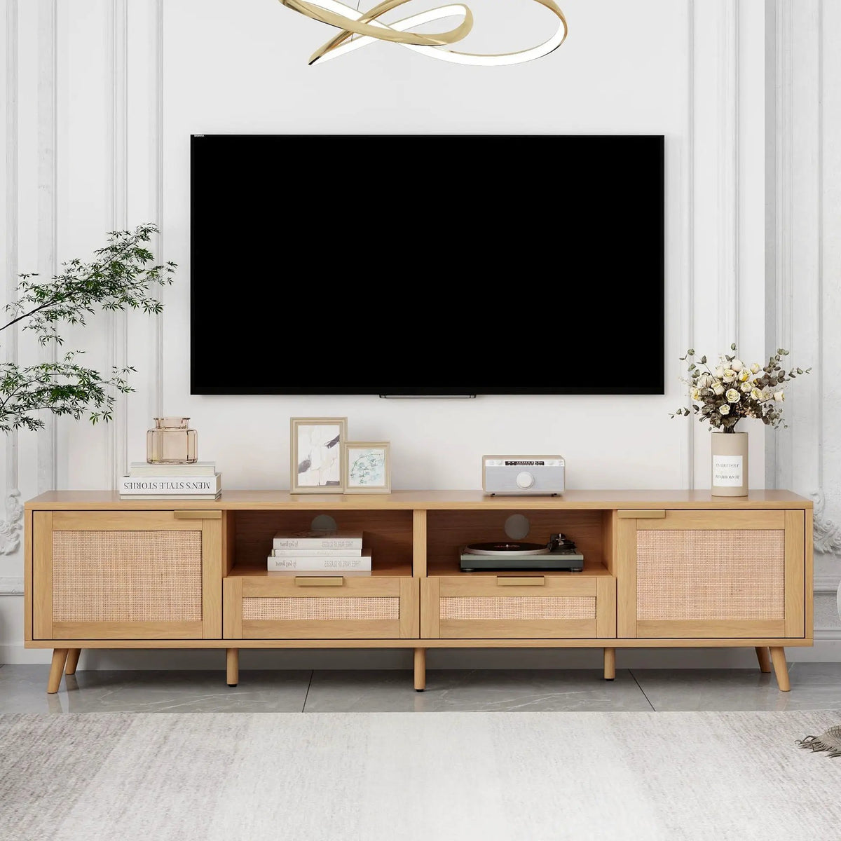 Rattan TV Stand | Media Console | Two Cabinets And Two Open Shelves | Cable Management