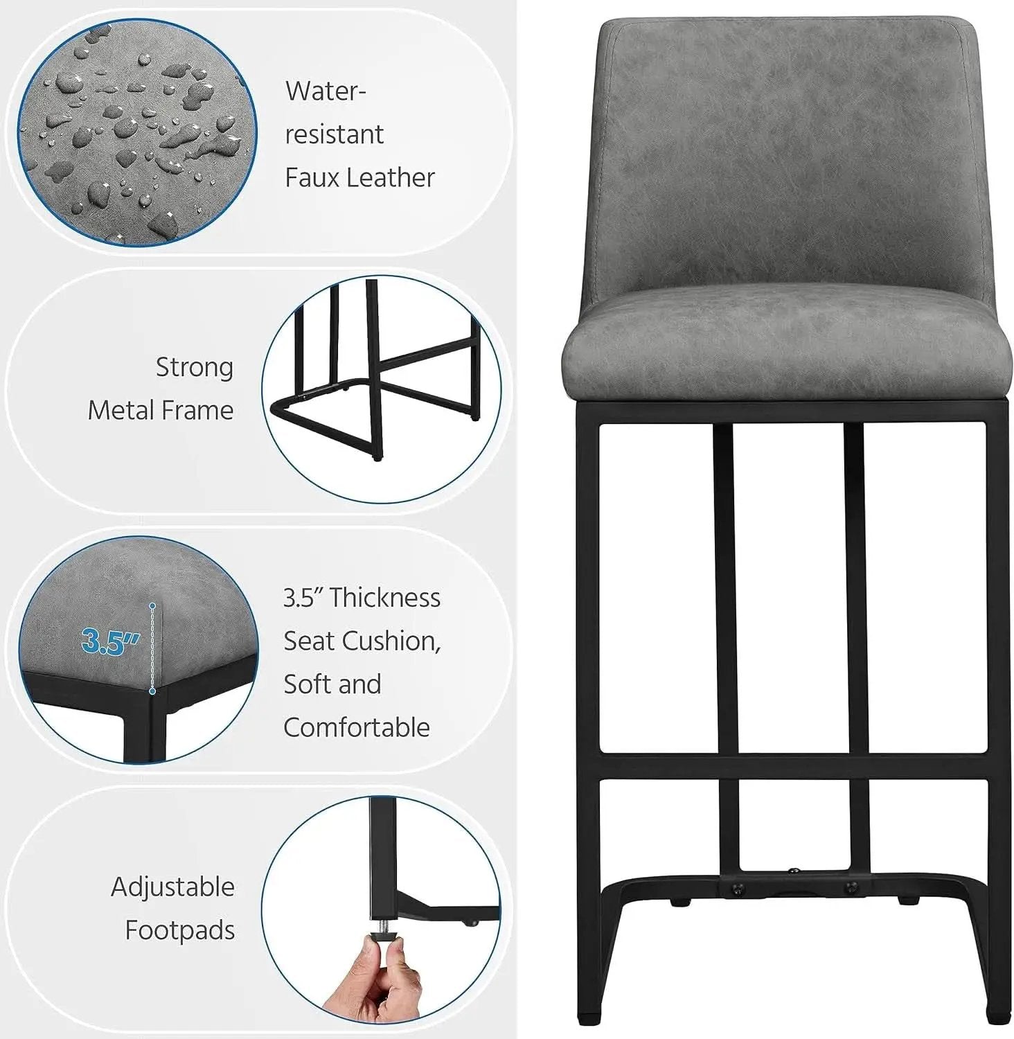 24 Inch Counter Height Leather Bar Stools Gray Set Of 2 from PriceLows™