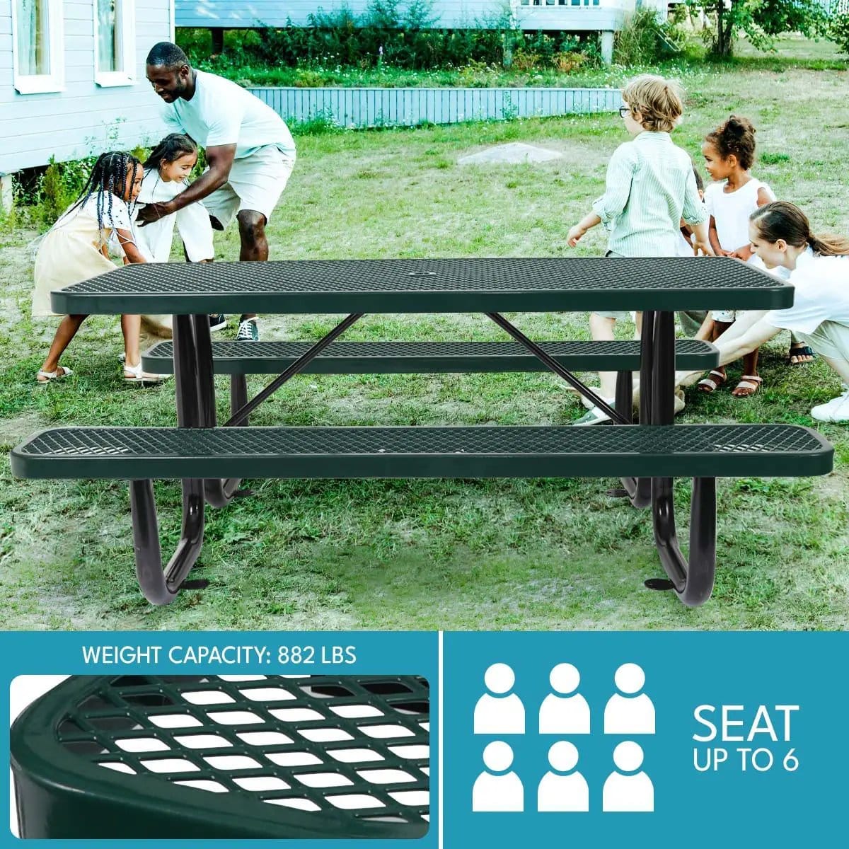 Outdoor Steel Picnic Rectangular Table With Umbrella Pole | 3 Pieces | Steel & Metal | Dining Room