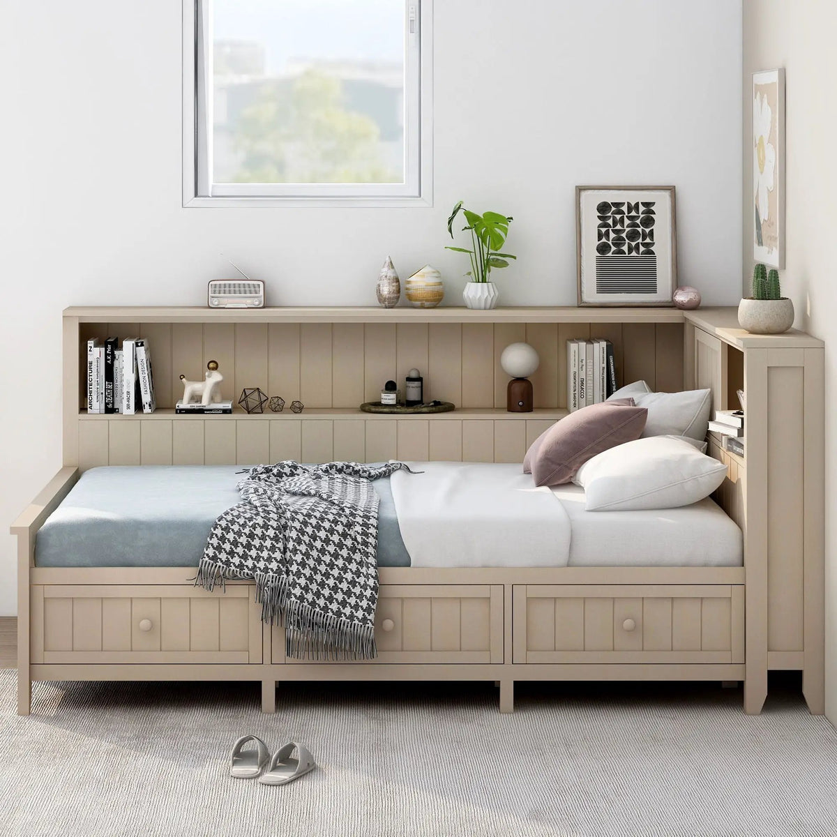 Daybed With Storage Shelves | Sliding Door Side Shelves | Farmhouse Style | 10 Wood Slats