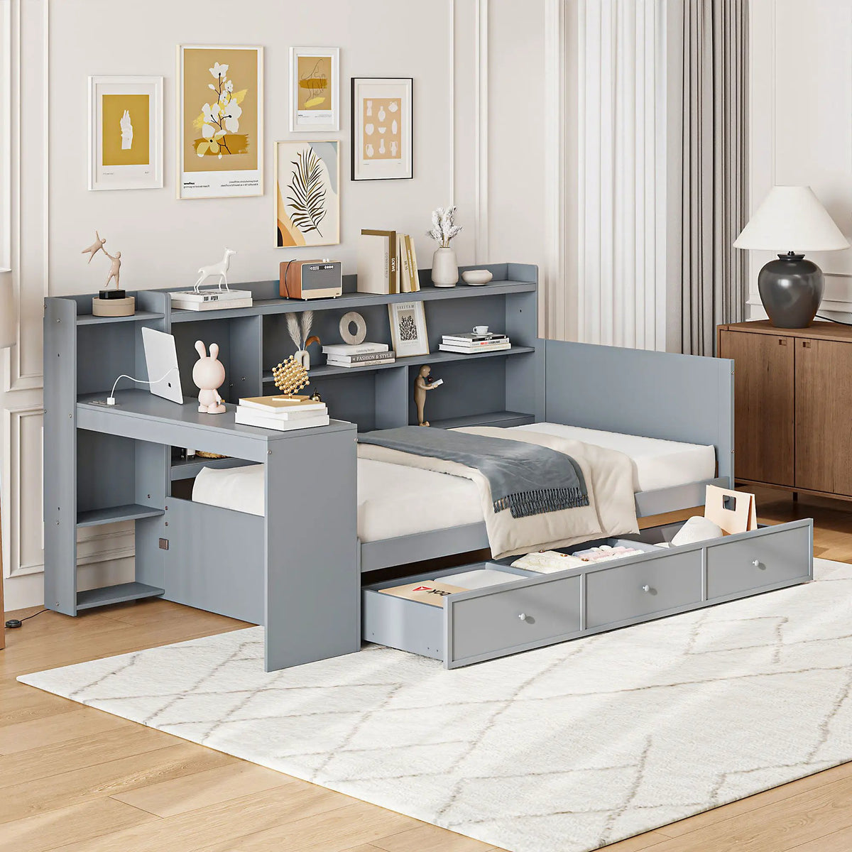 Pine Wood Daybed | 3 Drawers | USB Ports | Built-In Desk