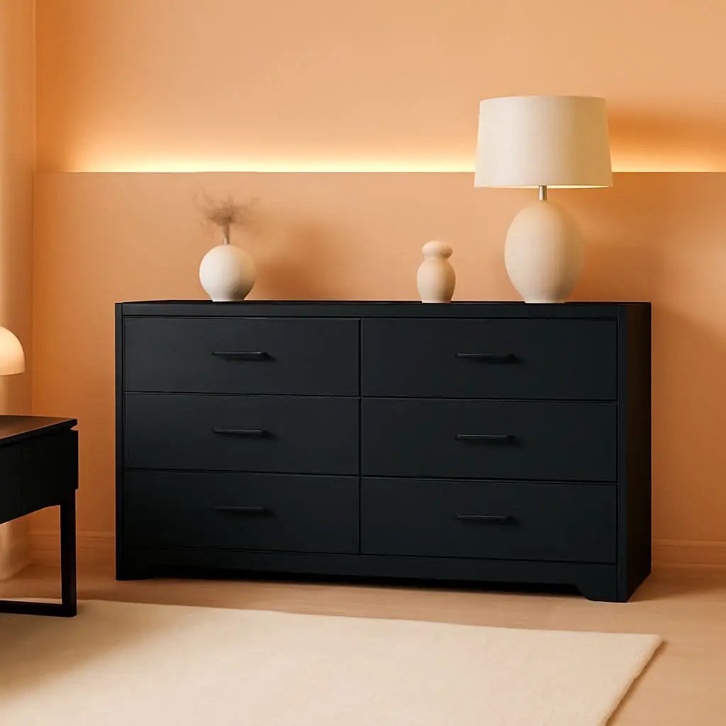 Wooden Six Drawer Dresser In Black For Living Room Bedroom from PriceLows™