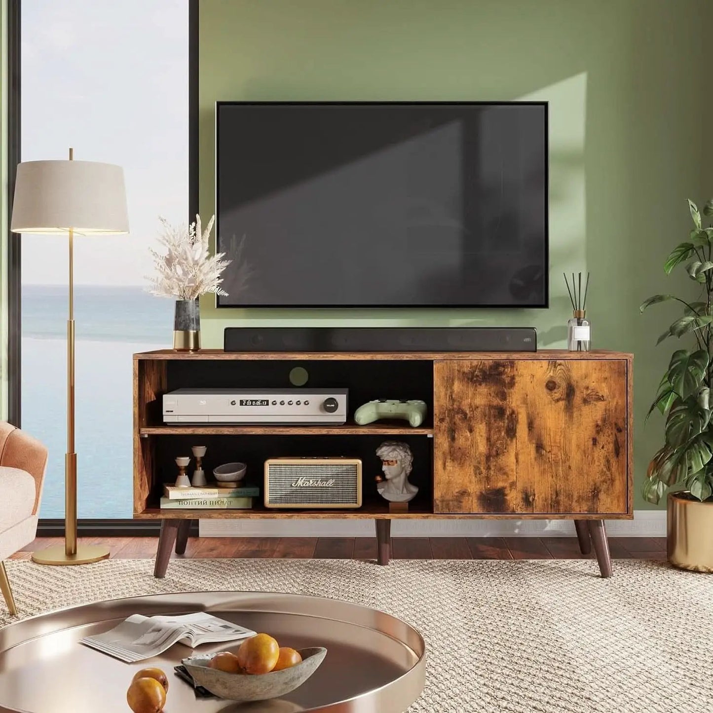 Mid Century TV Stand for 55 Inch TV Brown Wood Entertainment Center With Storage from PriceLows™