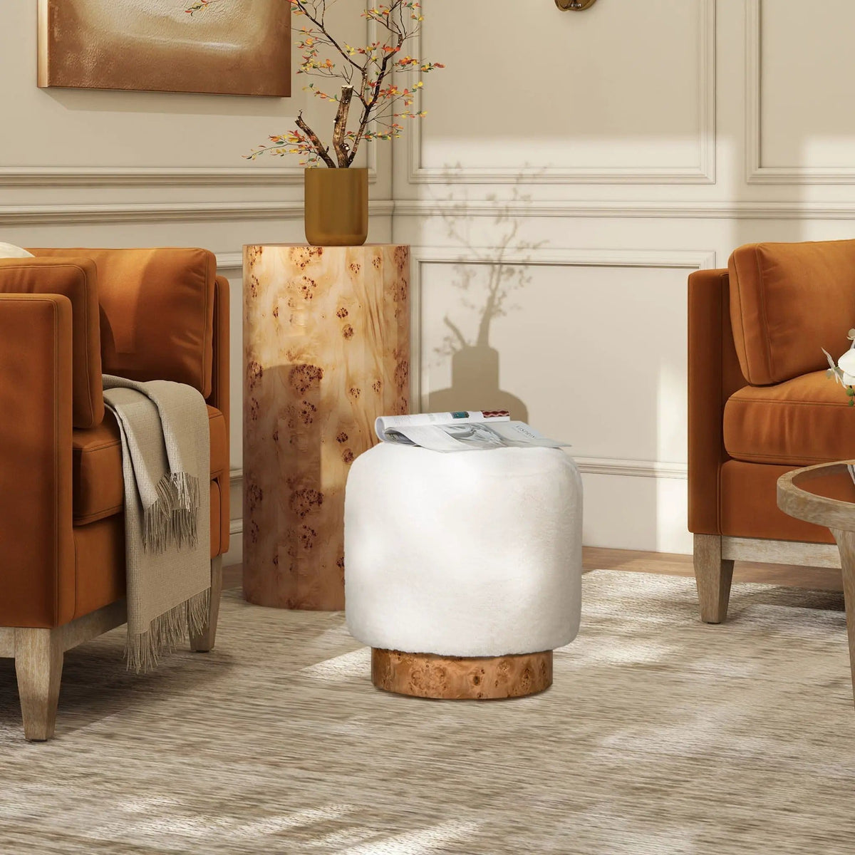 Tilly Round Fur Upholstered / Burl Pouf Ottoman | 16.5 x 16.5 x 17.5 in | Veneer & Wood | White
