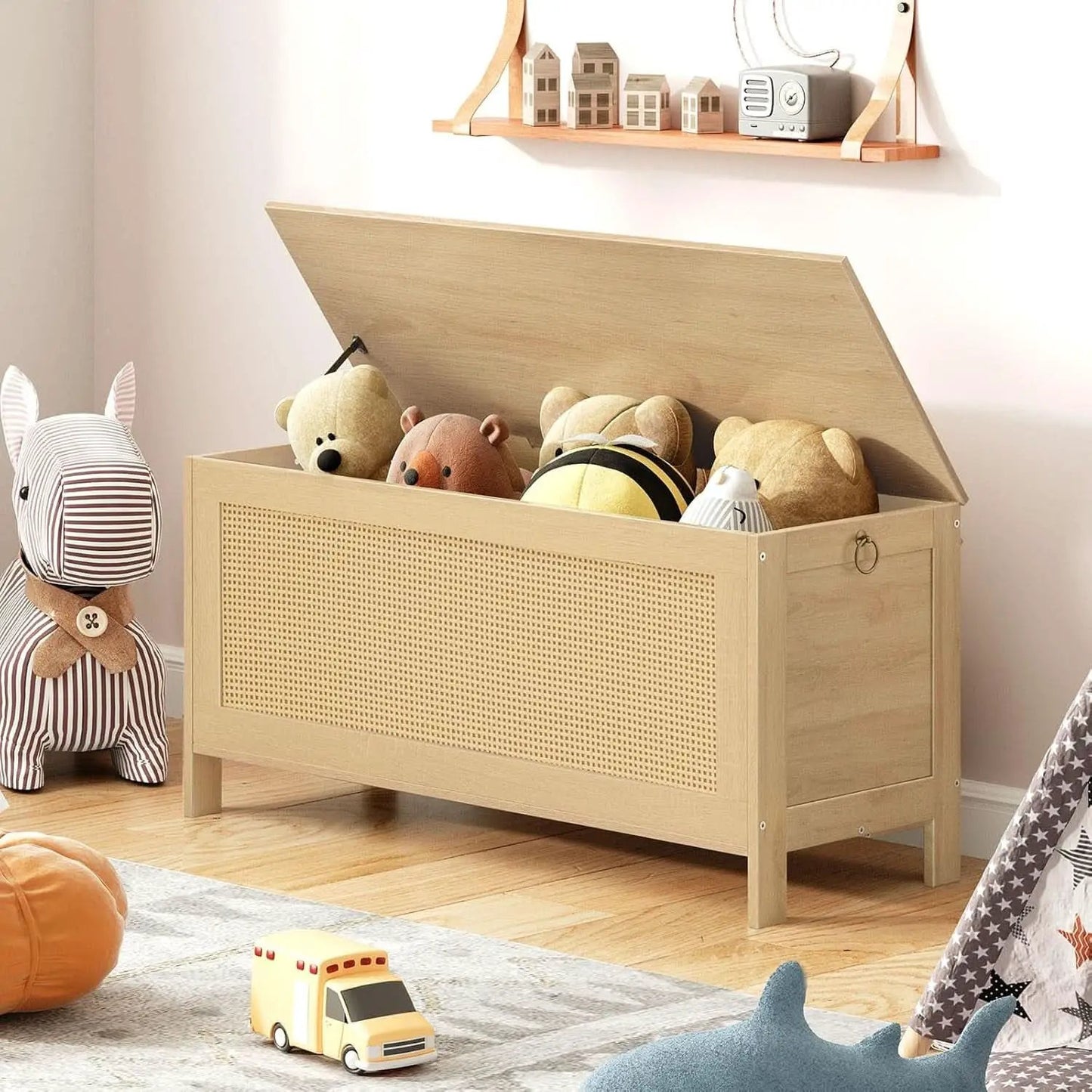 Large Natural Storage Bench with Safety Hinge, 39.4 Inches from PriceLows™
