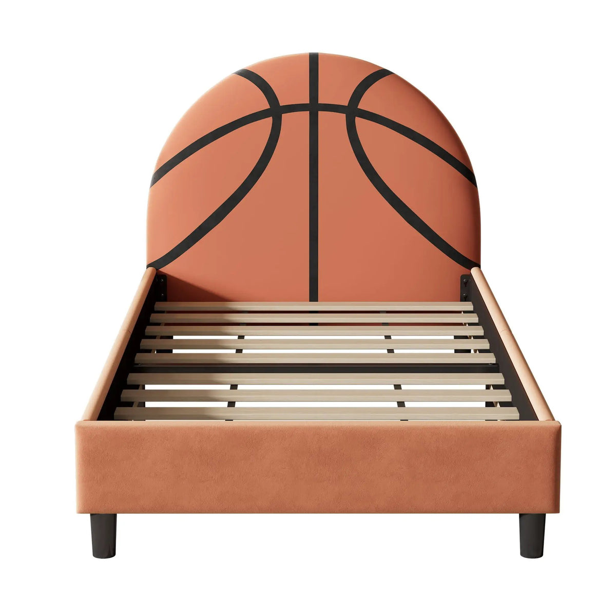 Twin Platform Bed | Basketball Headboard | Orange | Velvet Upholstery