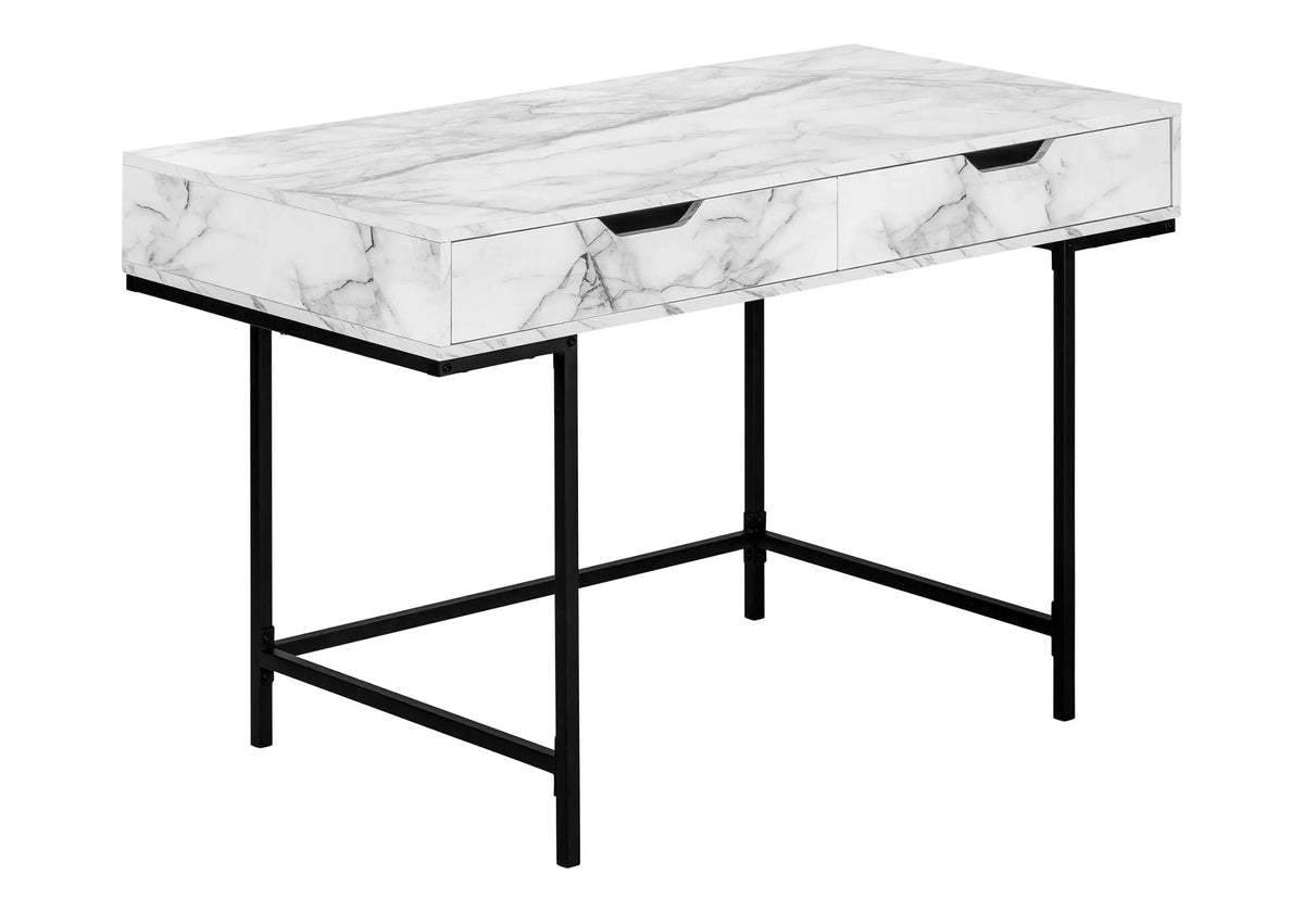 Stone-Look Computer Desk | Two Storage Drawers | Metal Base | 47.25 Inch Length