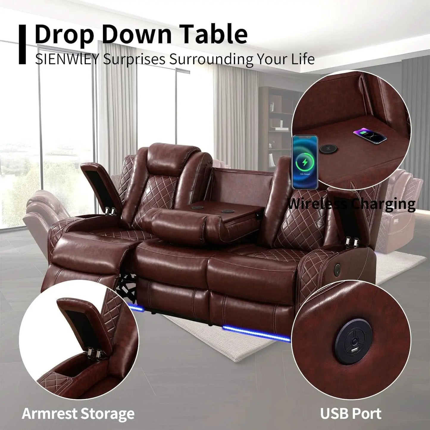 Power Reclining Brown Leather Sofa Set For Living Room from PriceLows™