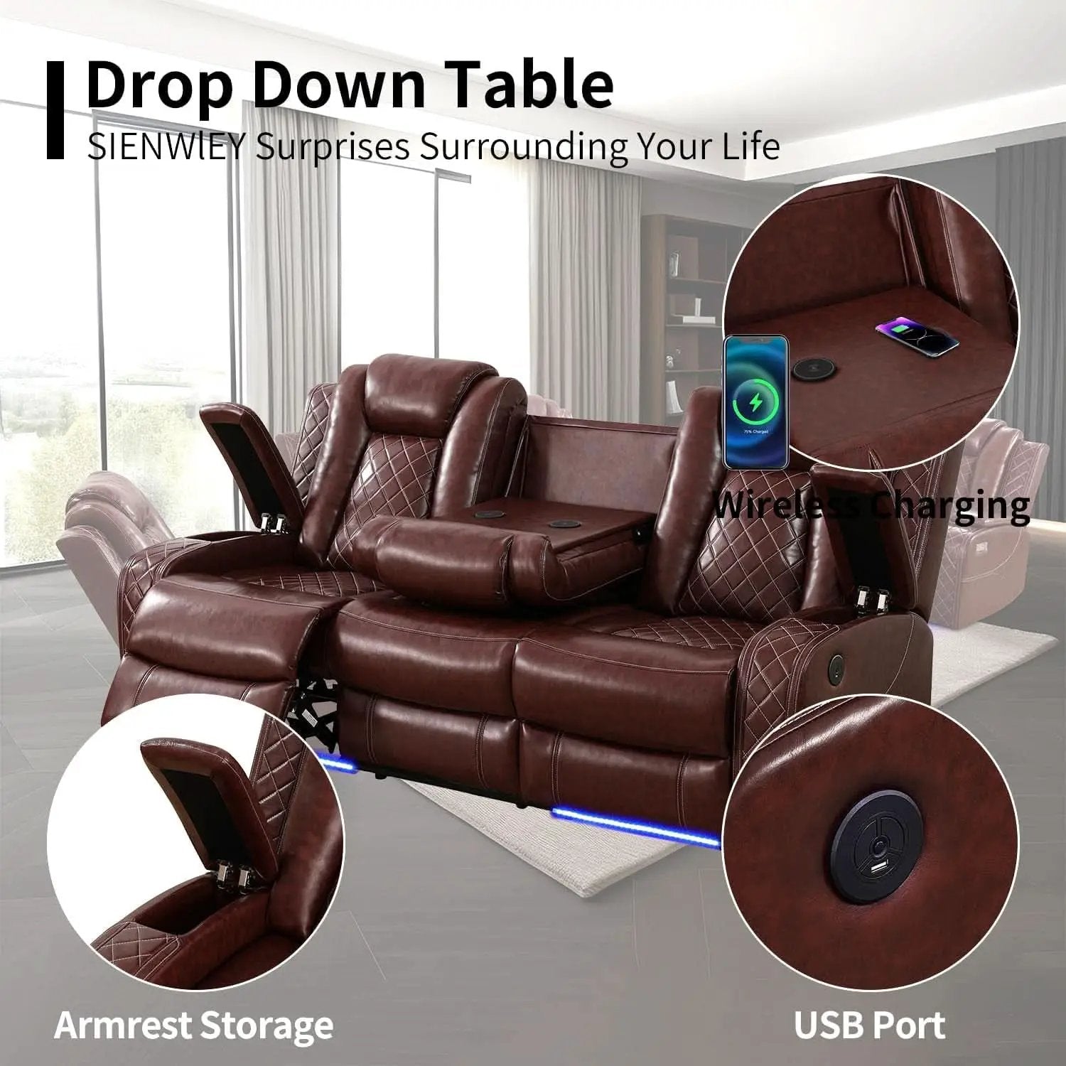 Power Reclining Brown Leather Sofa Set For Living Room from PriceLows™