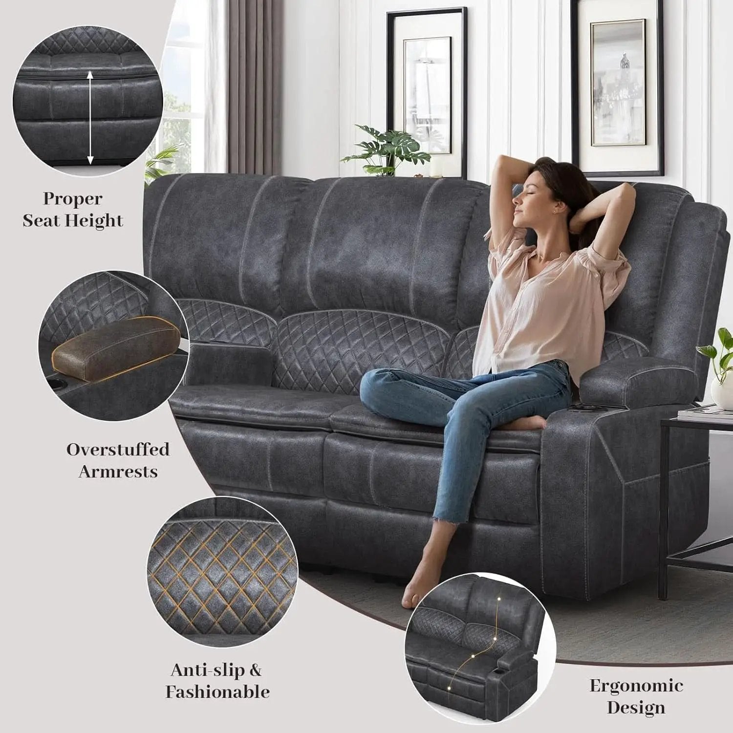 Grey Three Seater Manual Recliner Sofa Modern Living Room from PriceLows™