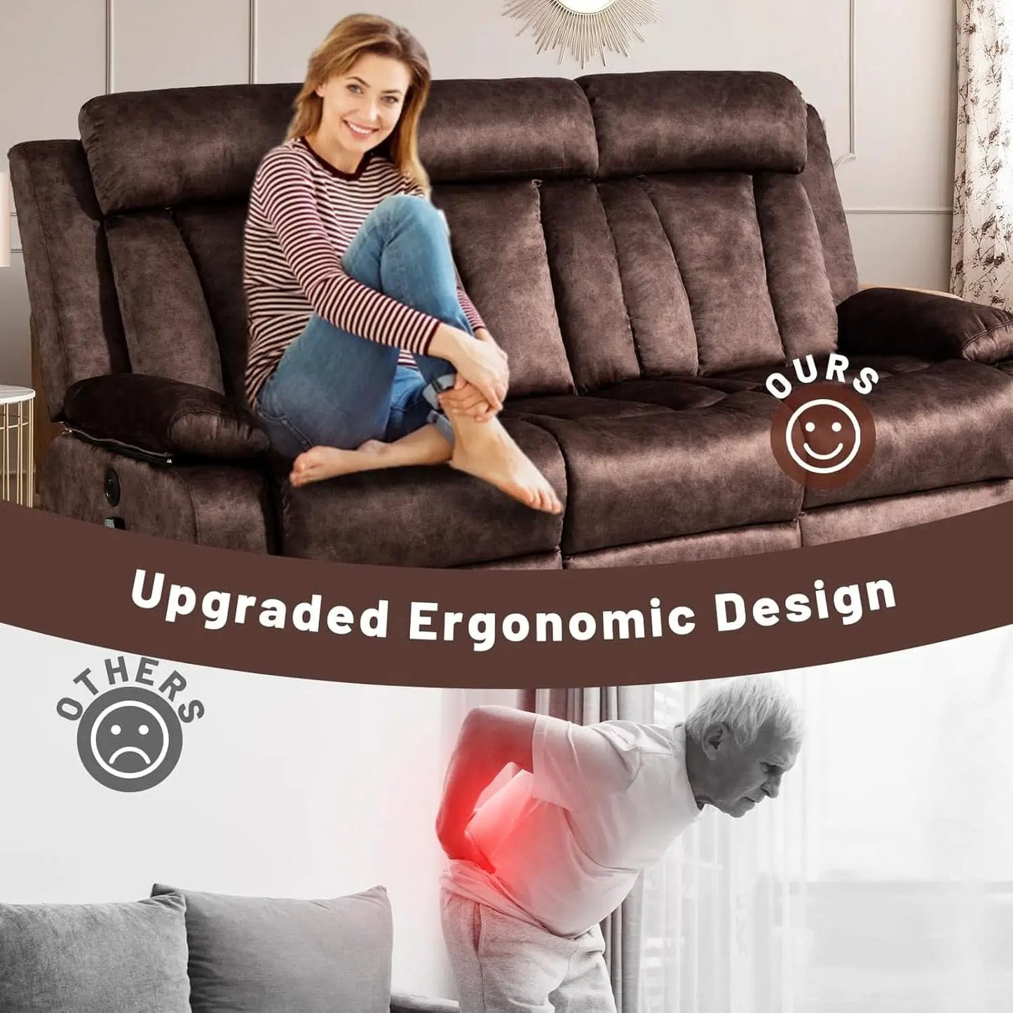Power Reclining Sofa Set 3 Seat With Massage USB Ports from PriceLows™