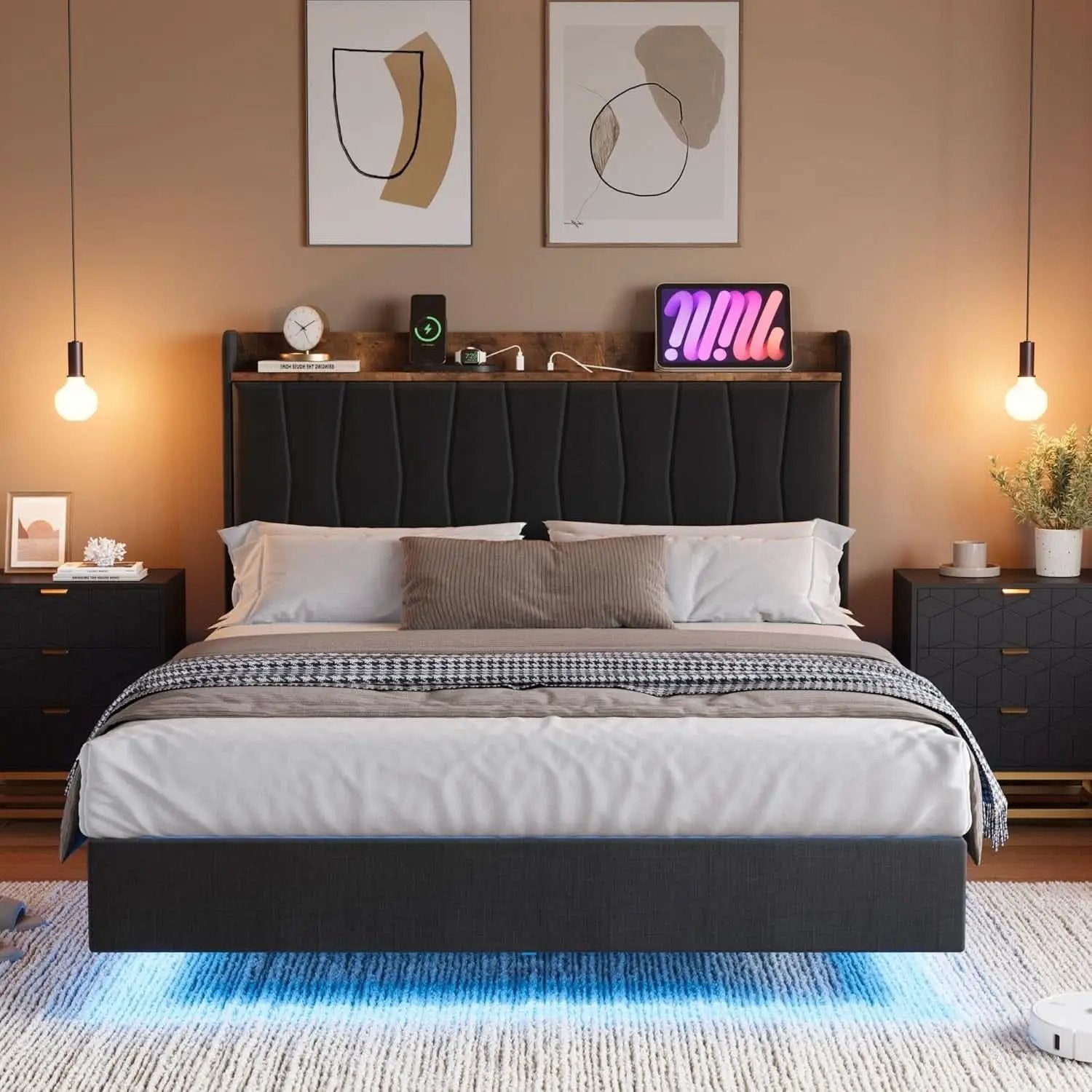 Black Floating Full Bed Frame With Storage Headboard from PriceLows™