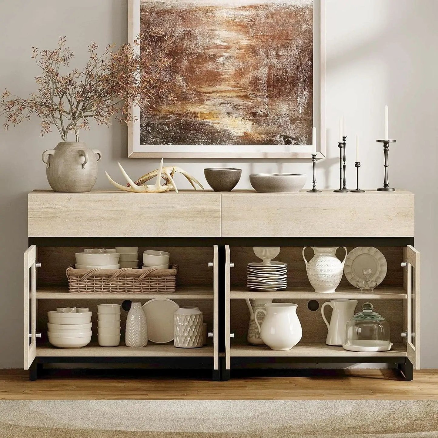Oak Sideboard Buffet With Glass Doors Light Finish from PriceLows™