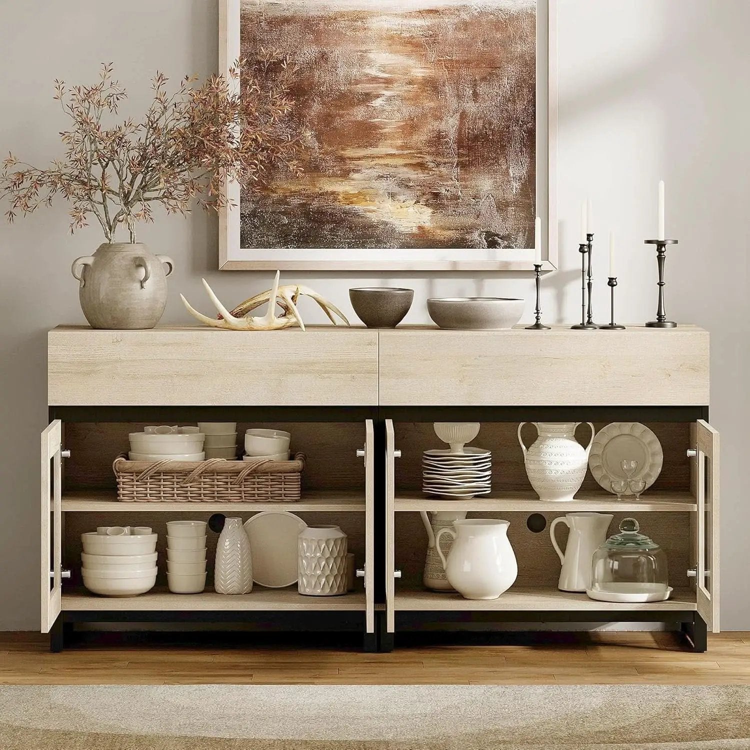 Oak Sideboard Buffet With Glass Doors Light Finish from PriceLows™
