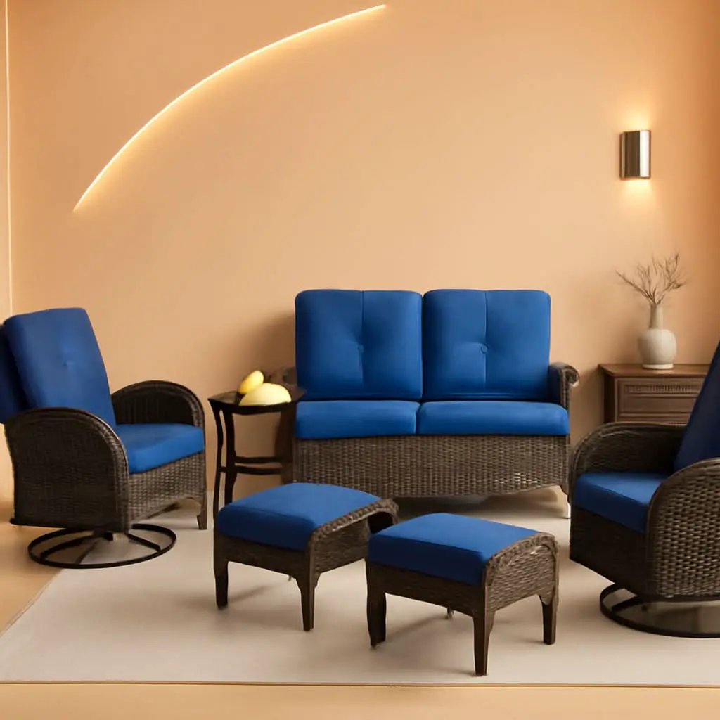 6 Piece Patio Conversation Set Brown Wicker Blue Cushions from PriceLows™