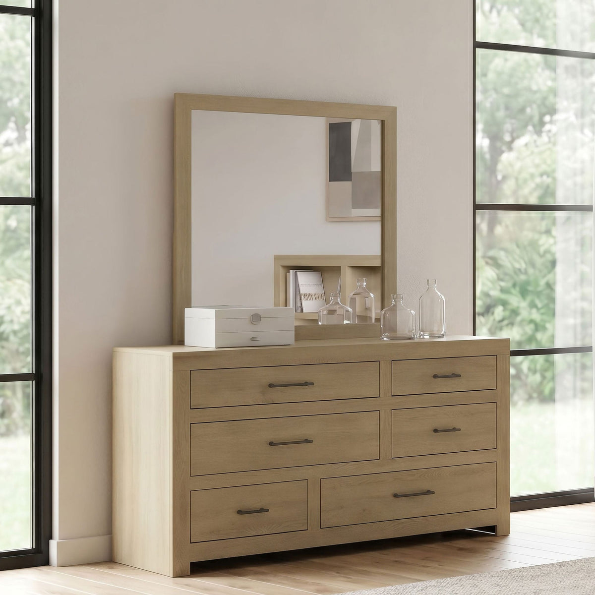Hendricks 6-drawer Bedroom Dresser and Mirror | 60 x 16.75 x 73 in | Rubberwood & Engineered Wood | Light Oak