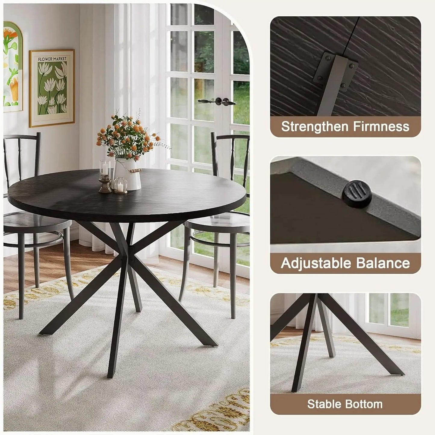 47.2 Inch Circular Dining Table Matte Black Finish from PriceLows™