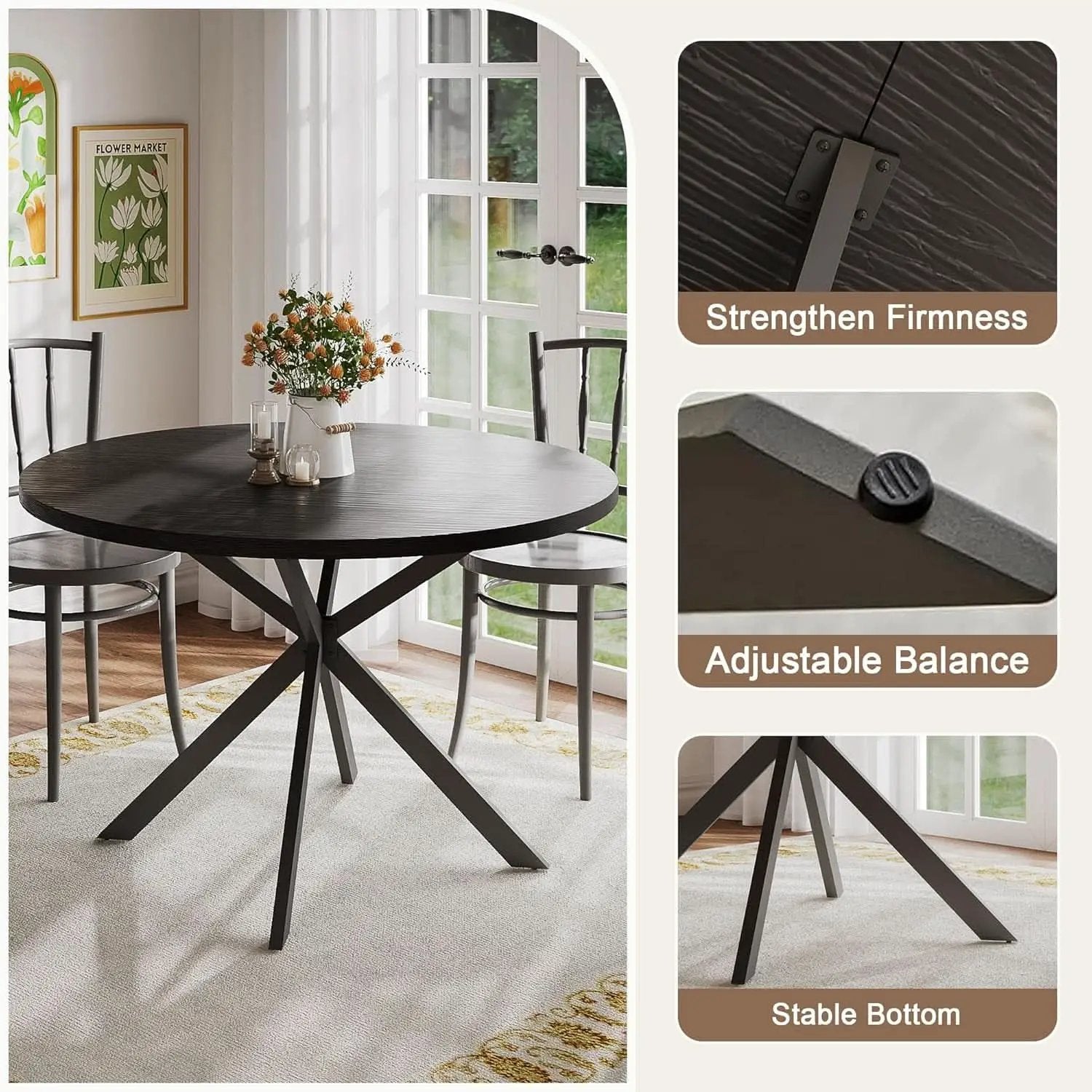 47.2 Inch Circular Dining Table Matte Black Finish from PriceLows™