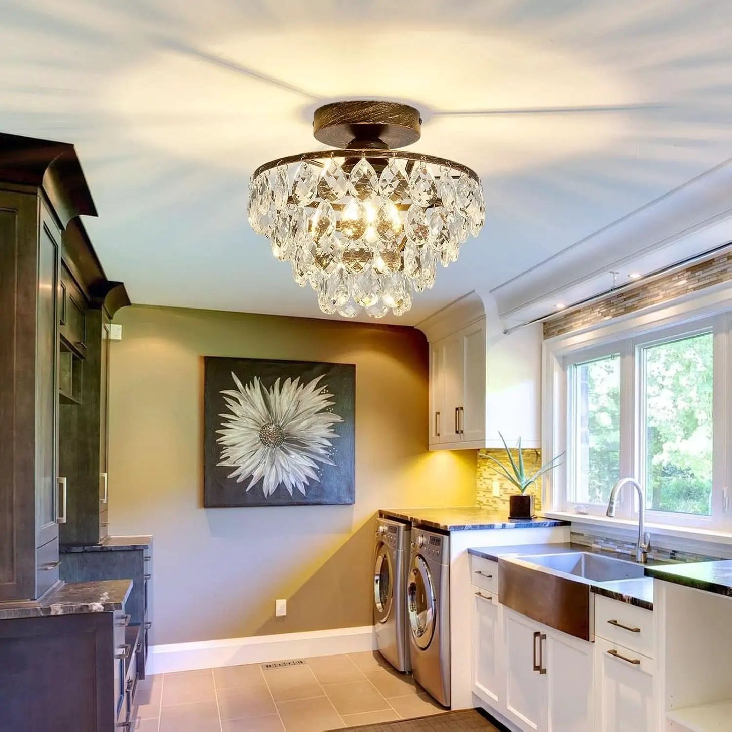 Small Bronze Modern Crystal Chandelier Semi Flush Hallway Light from PriceLows™