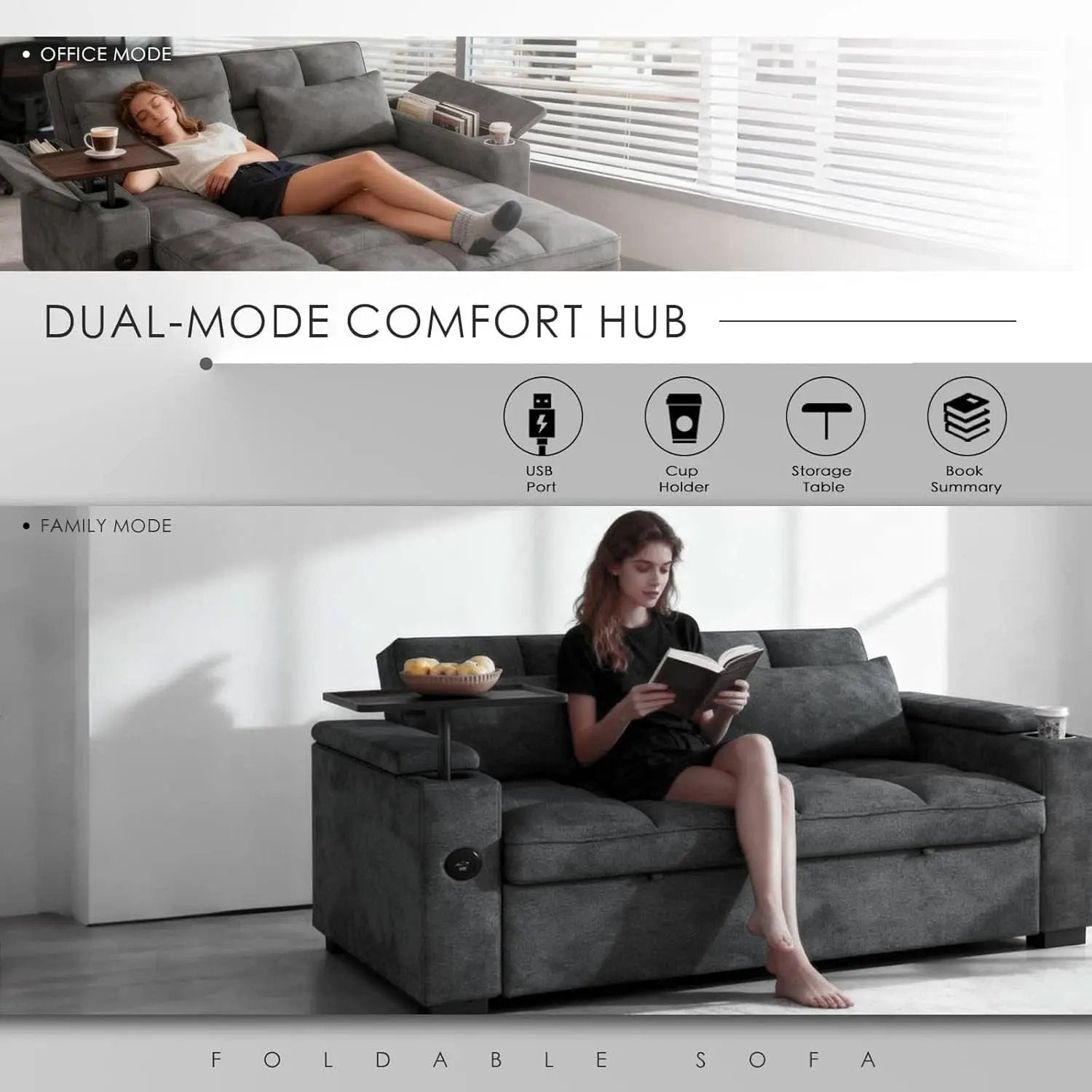 65Inch Grey Chenille Convertible Sleeper Sofa Table from PriceLows™