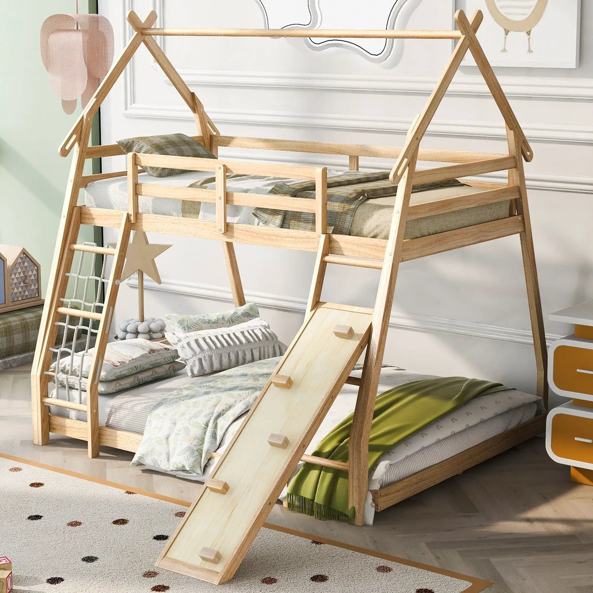 House Bunk Bed | Twin Over Queen | Solid Pine | Climbing Net And Ramp