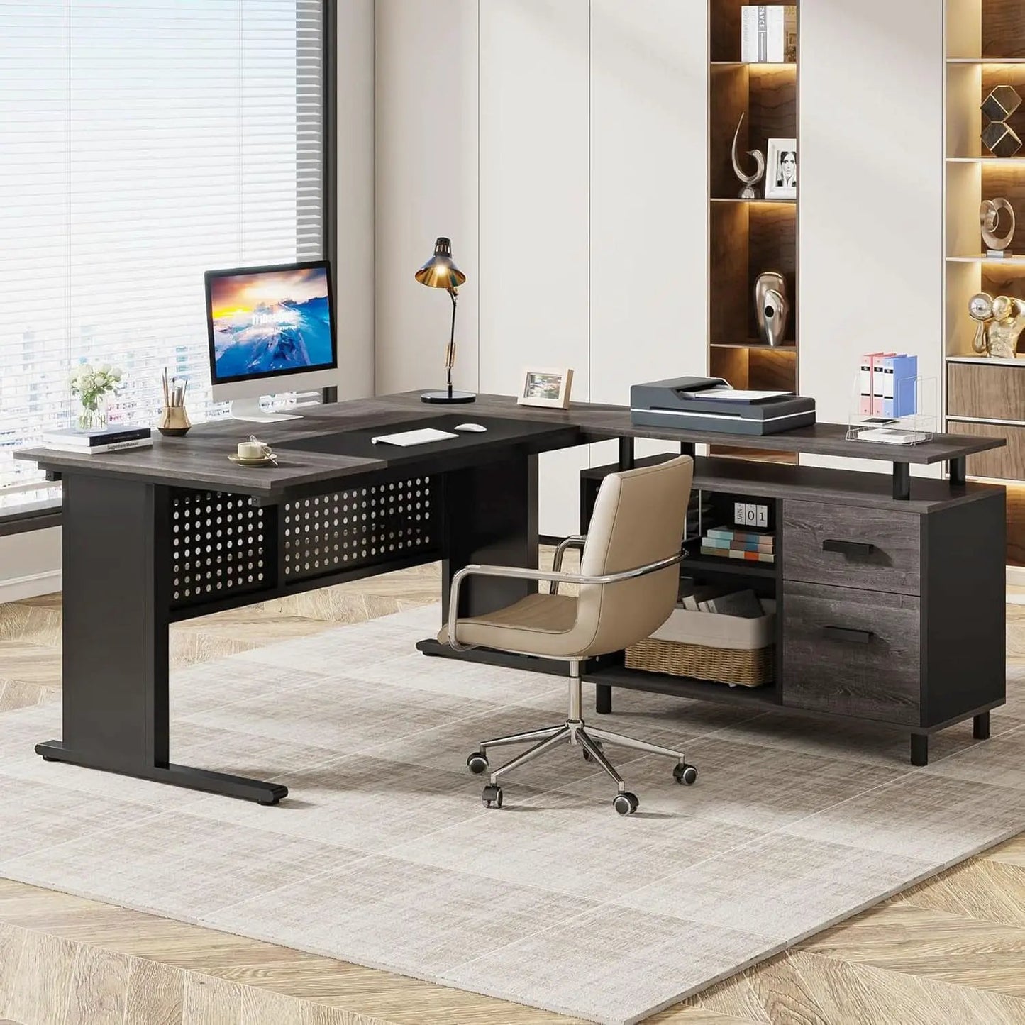 63 Inch Executive Desk With Integrated Cabinet Gray from PriceLows™