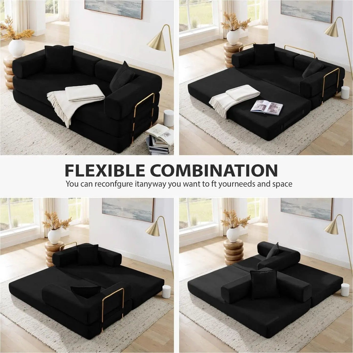 Corduroy 78Inch Multifunctional Convertible Sofa Bed Black from PriceLows™