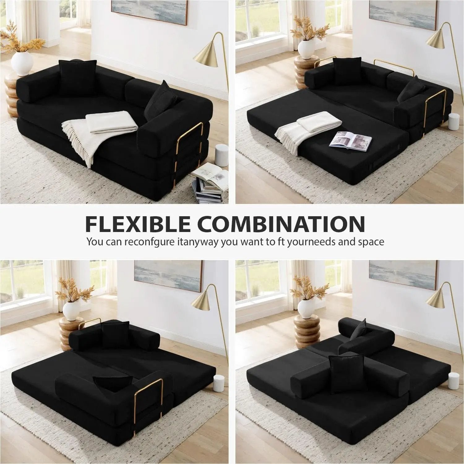 Corduroy 78Inch Multifunctional Convertible Sofa Bed Black from PriceLows™