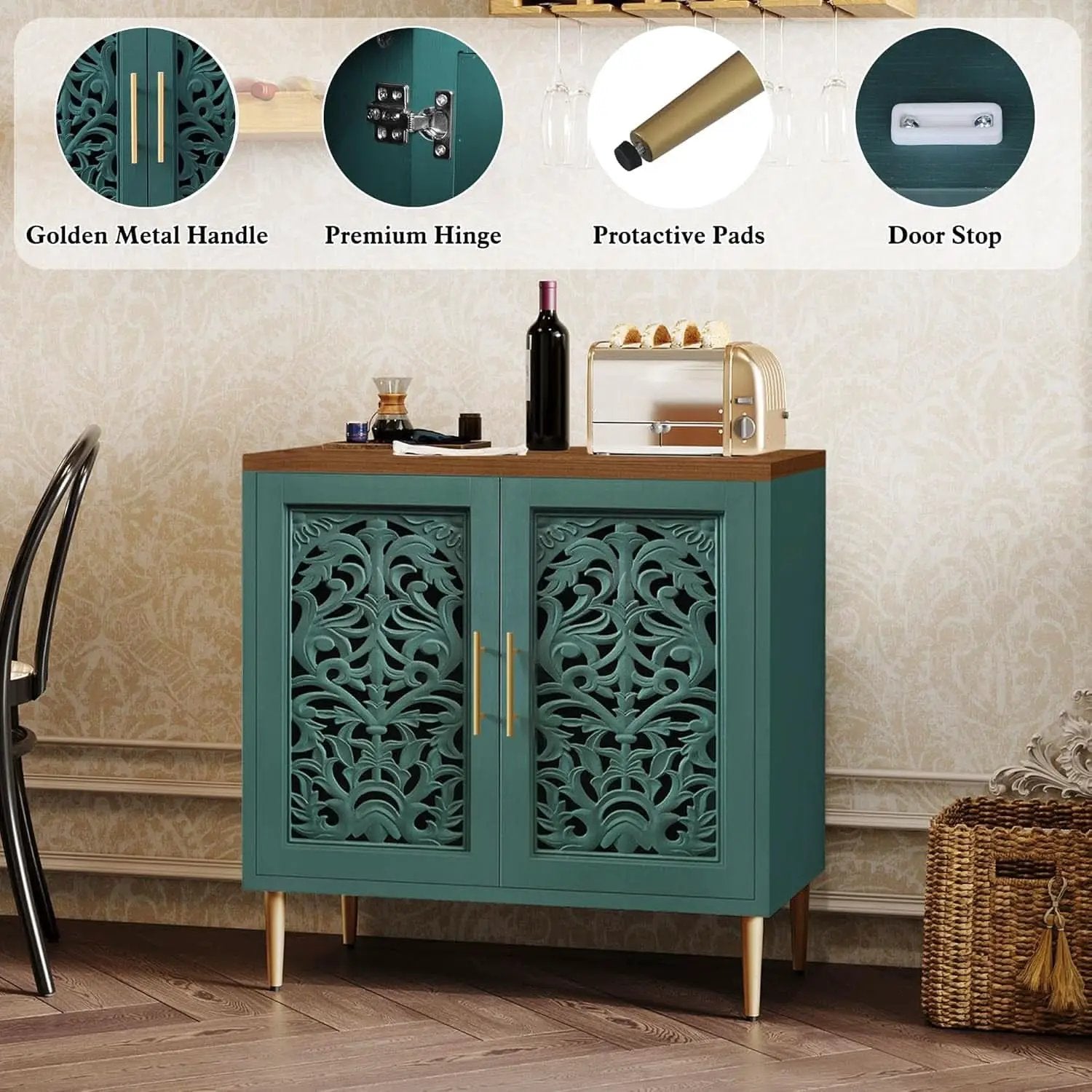 Green Accent Cabinet Carved Storage Vintage Furniture from PriceLows™