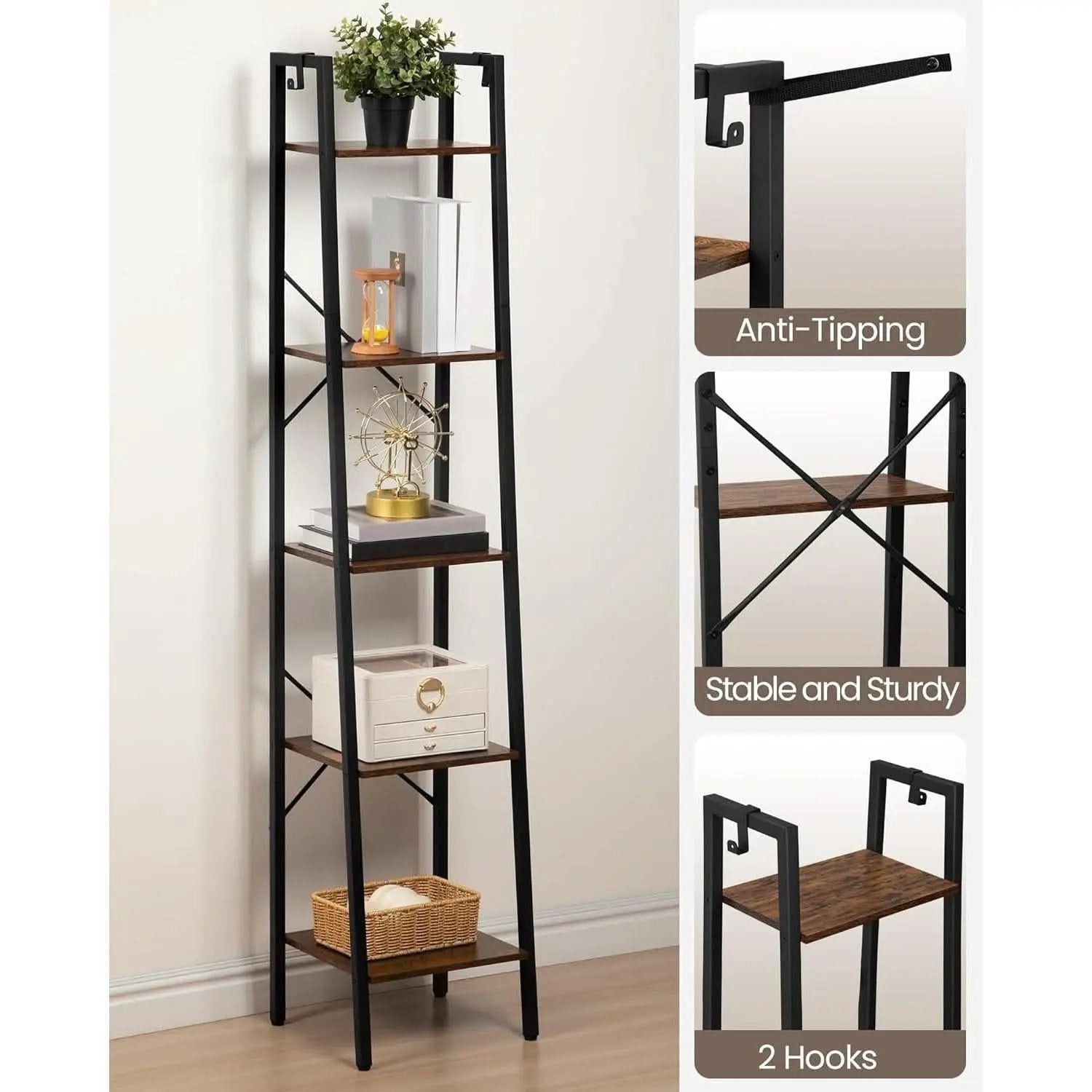 Ladder Shelf Bookcase 5 Tier Rustic Brown Freestanding from PriceLows™