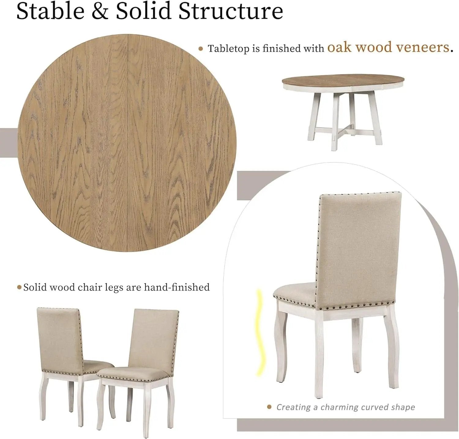 Farmhouse Round Extendable Dining Table Set Oak Finish with Upholstered Chairs from PriceLows™