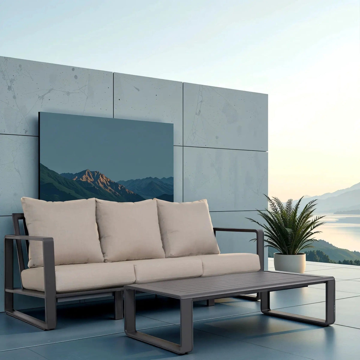 Durable Sofa With Rectangular Coffee Table 2 Piece Outdoor Set | 2 Pieces | Aluminum | Living Room