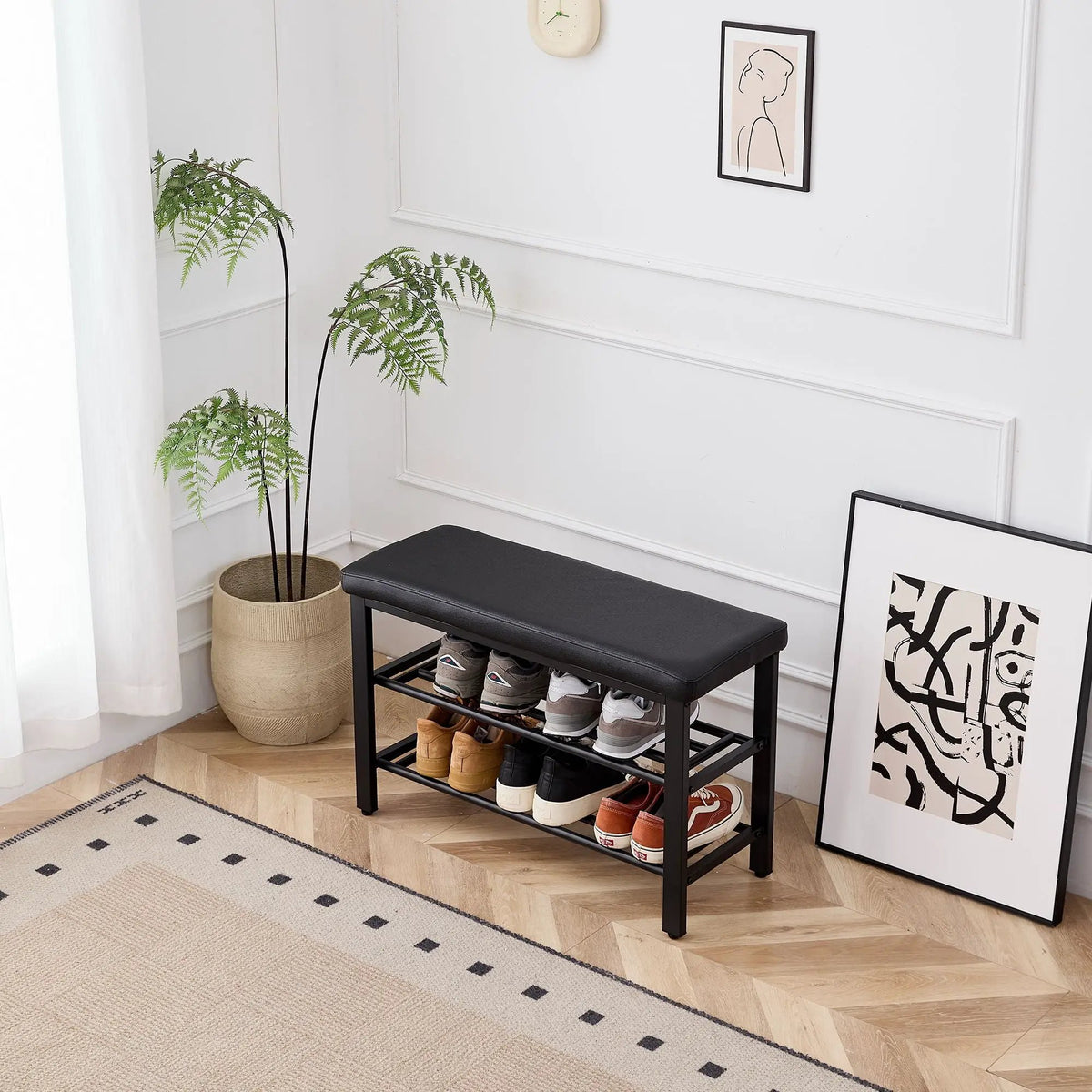 Entryway Shoe Bench | Cushioned Storage Seat | Durable Metal Frame | Hidden Storage Shelf