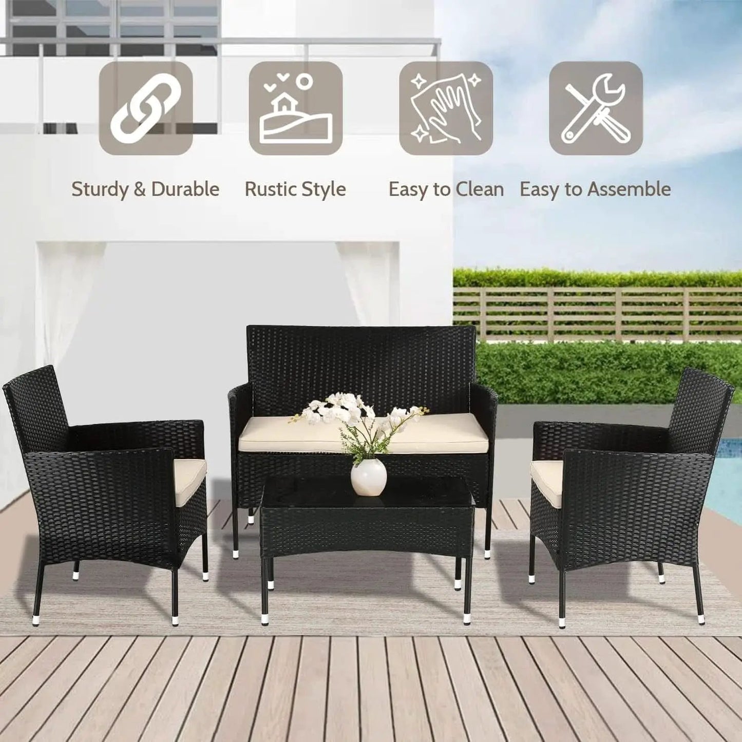 Outdoor Rattan 4 Piece Patio Furniture Conversation Set from PriceLows™