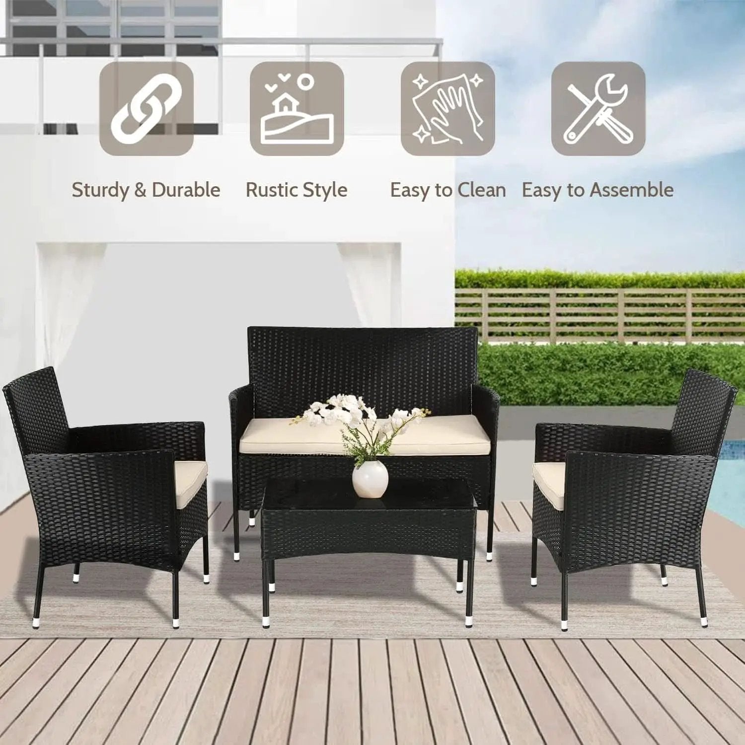 Outdoor Rattan 4 Piece Patio Furniture Conversation Set from PriceLows™