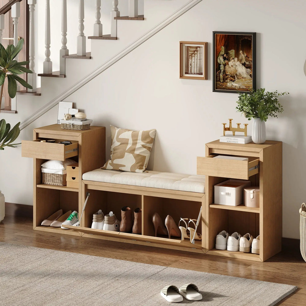 Entryway Storage Bench | Flip Top Compartment | Pine Wood Frame
