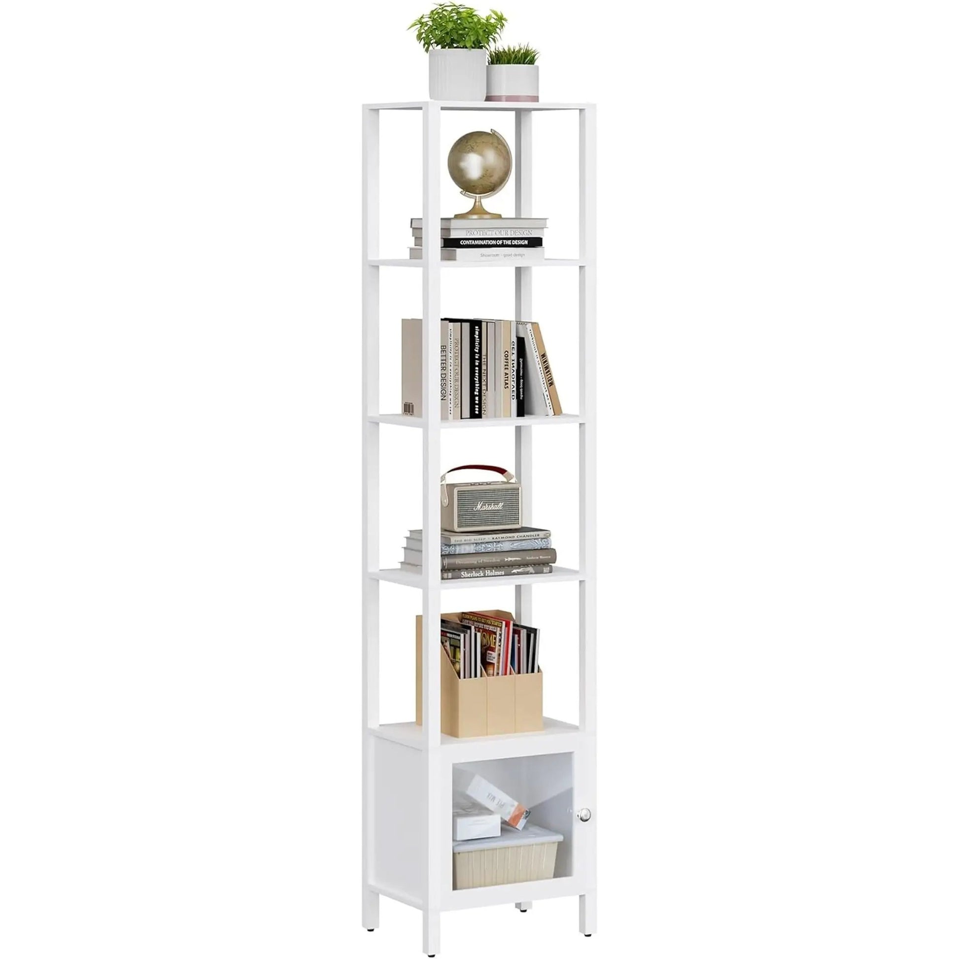 White 6-Tier Narrow Bookshelf With Door For Small Space from PriceLows™