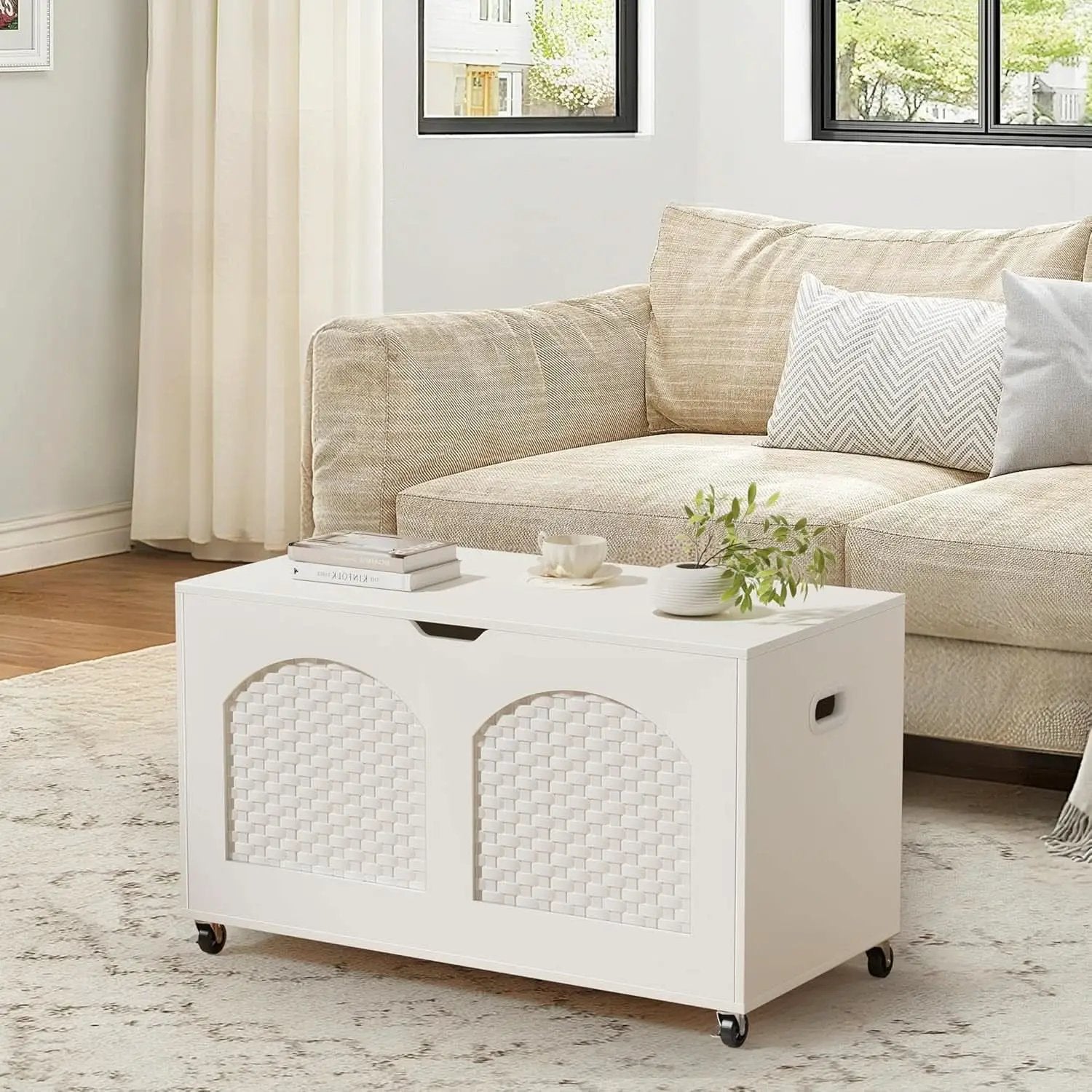 White Wooden Storage Bench On Wheels from PriceLows™